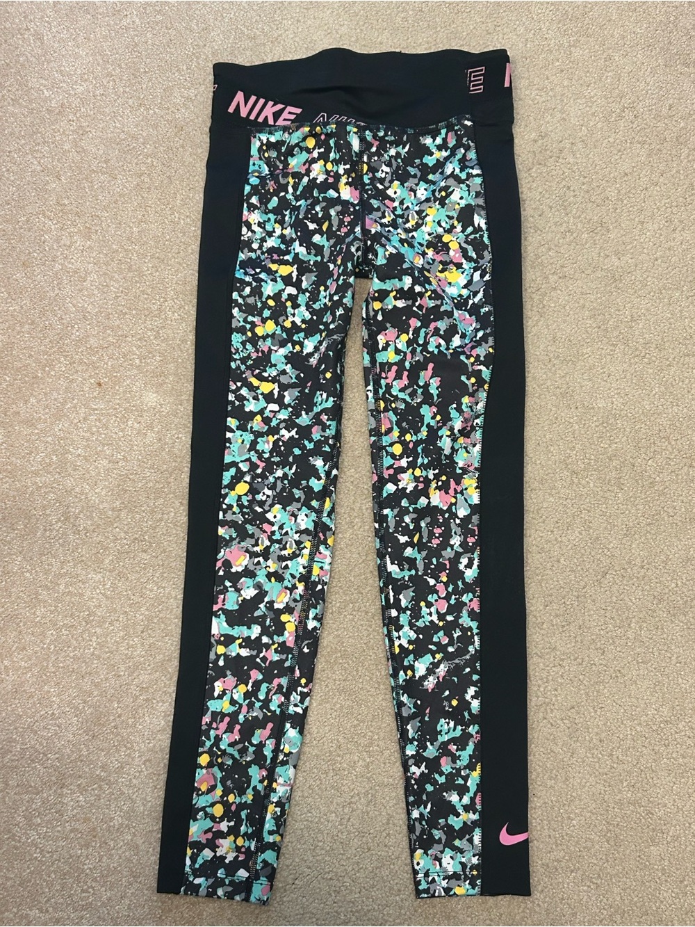 Nike Black Leggings with Multicolor Splash Print and Pink Logo